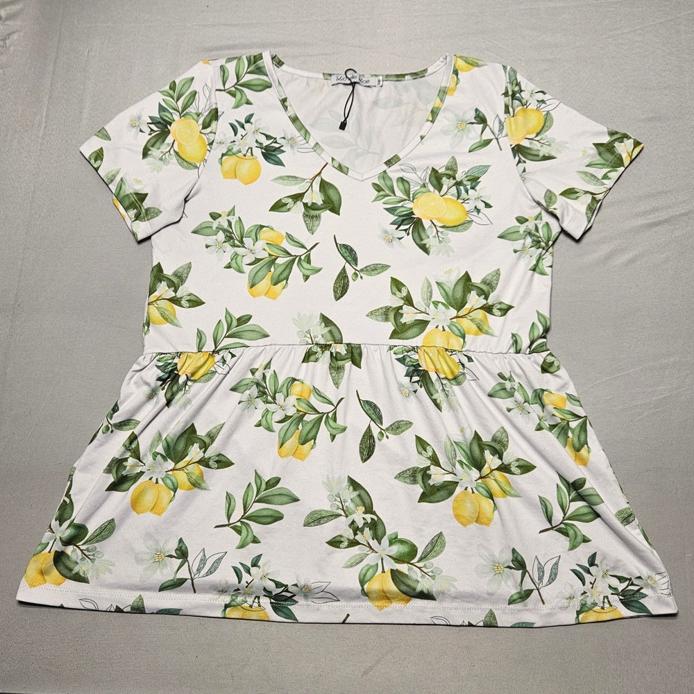 Michelle Mae Peplum Top Womens Small White Yellow Lemon Floral Print V-Neck Tee